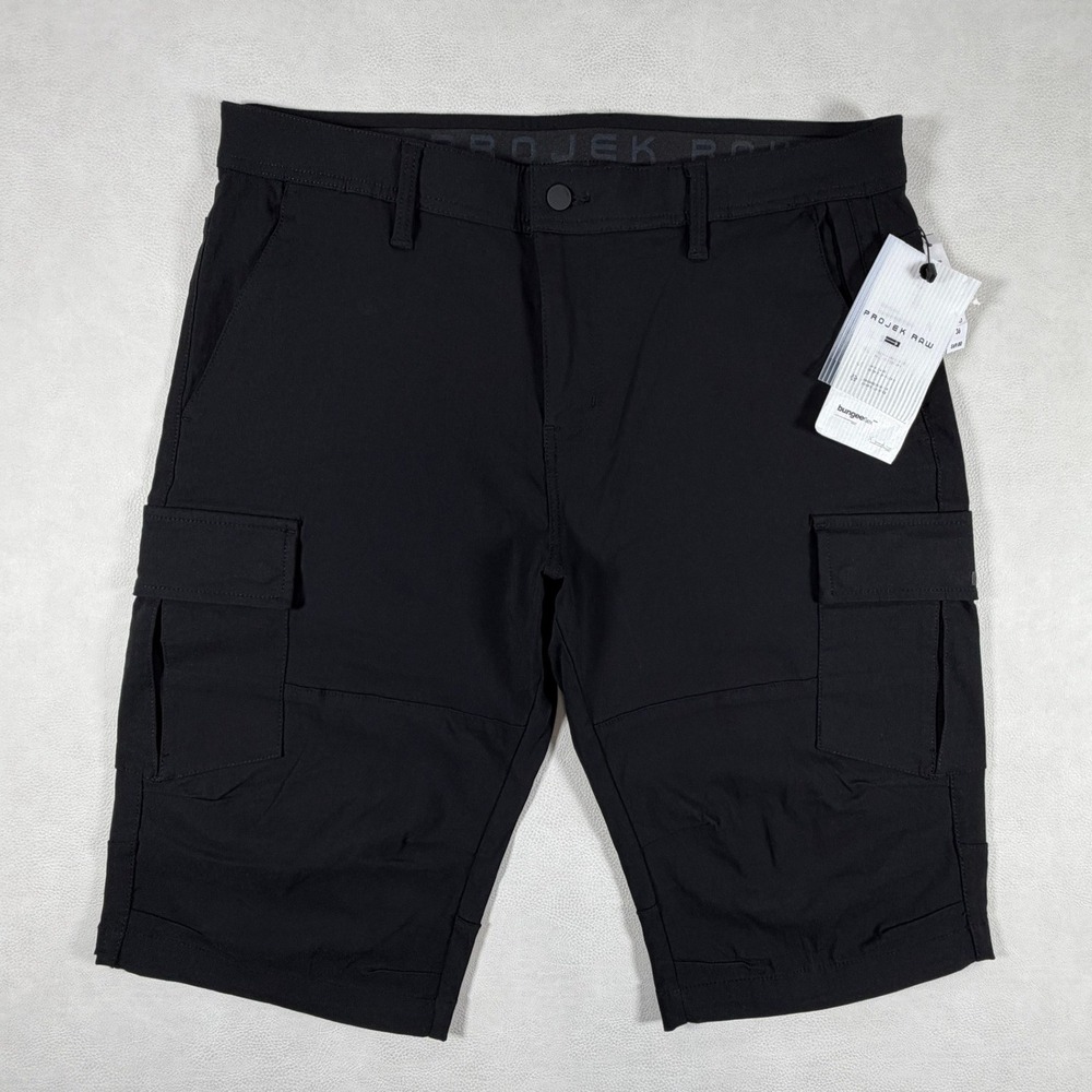 Projek Raw Mens Black Bungeeflex Cargo Shorts Stretch Tech Utility Size 36